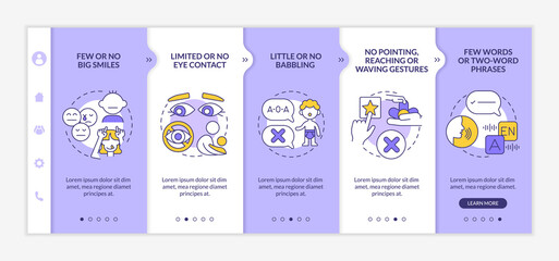 Fototapeta na wymiar Children with autism spectrum disorder onboarding vector template. Responsive mobile website with icons. Web page walkthrough 5 step screens. No waving gestures color concept with linear illustrations