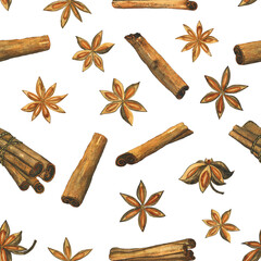 Cinnamon and anise star spice in seamless pattern on white background. Watercolor hand drawing illustration.