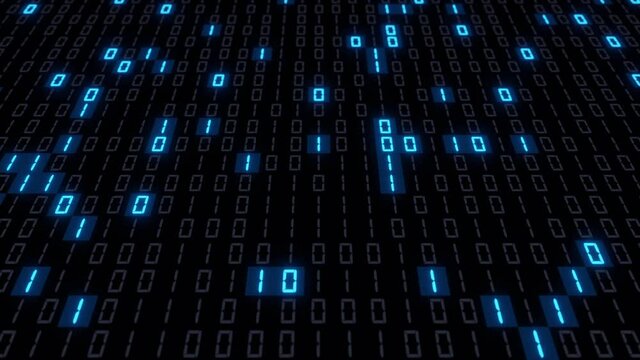Horizontal scrolling of a digital binary code display that constantly changes the status of bits 0 and 1 and randomly turns the cells on and off with a blue light