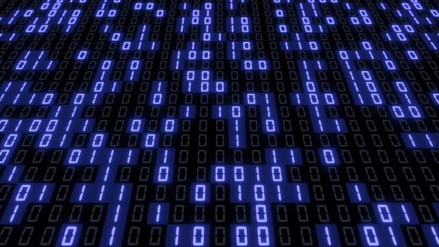 A digital display one by one switches on the binary code bits with a blue light and constantly changes their status randomly from 0 and 1 until the panel is fully illuminated