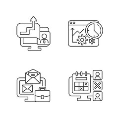 Work trackers linear icons set. Time management strategy. Employee absence marked on calendar. Customizable thin line contour symbols. Isolated vector outline illustrations. Editable stroke