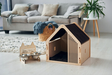 Little pet booth is on the floor in modern domestic room