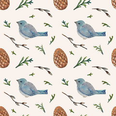 Watercolor seamless pattern with branches, fir branches, cones and birds on beige background.
