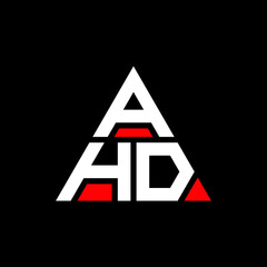 AHD triangle letter logo design with triangle shape. AHD triangle logo design monogram. AHD triangle vector logo template with red color. AHD triangular logo Simple, Elegant, and Luxurious Logo. AHD 