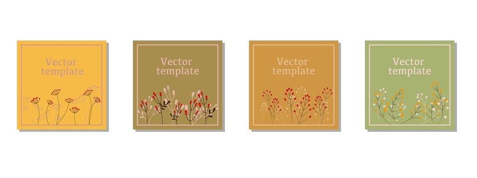 Vector design square templates in simple modern style with copy space for text, autumn leaves and berries.Natural concept template. Vector illustration.