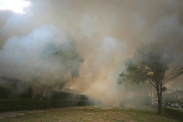 The fire was raging in the village.