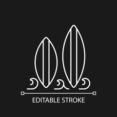 Surfboard white linear icon for dark theme. Long, narrow board for surfing sport usage. Thin line customizable illustration. Isolated vector contour symbol for night mode. Editable stroke