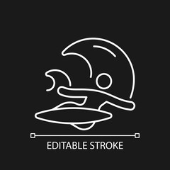 Backhand bottom turn in surfing white linear icon for dark theme. Move in surfing. Thin line customizable illustration. Isolated vector contour symbol for night mode. Editable stroke
