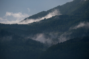 Misty natural scenic view in Romanian Mountains after rain