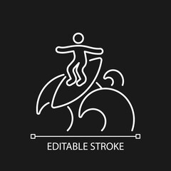 Floater surfing technique white linear icon for dark theme. Riding over breaking wave top. Thin line customizable illustration. Isolated vector contour symbol for night mode. Editable stroke