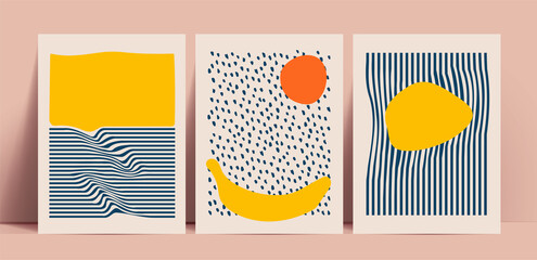 Trendy minimalistic abstract hand drawn background set with nature motives and summer vibes. Vintage styled vector illustration