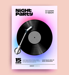 Night dj music party poster or flyer design template with realistic vinyl disk on abstract gradient background and typographic composition. Vector illustration - obrazy, fototapety, plakaty