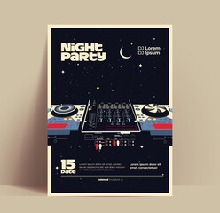 Night music party flyer or poster or banner design template for night club with DJ Mixer on starry night background. Vintage styled vector illustration - obrazy, fototapety, plakaty