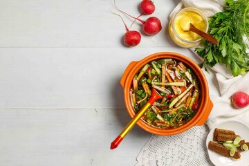 Cold soup.Okroshka, Russian cuisine. Ceramic bowl with soup, with a wooden spoon. On light boards with greens, radishes and croutons. Horizontal, with space