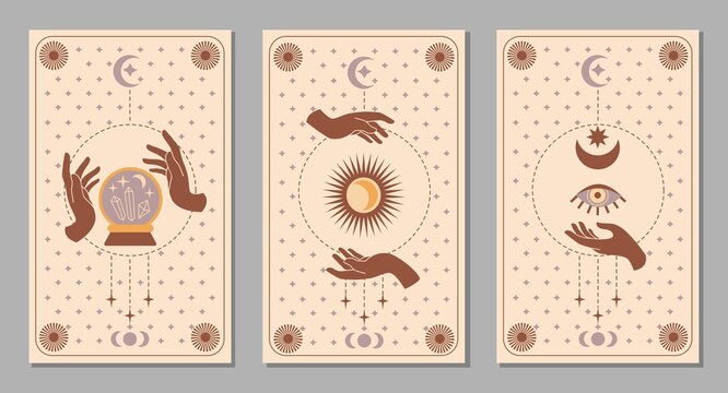 Mystic boho set of female hands and symbols, crescent moon, crystal ball, eye, star, sun for tarot card. Vector magic flat illustration. Trendy minimalist signs for design of cosmetics, background