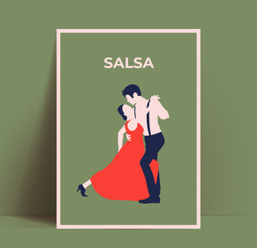 Salsa dance poster or flyer or Latin American dances party promotion design template with minimalistic dancing couple silhouette isolated on green background. Vector illustration