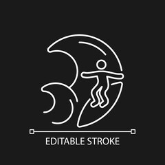 Big wave surfing white linear icon for dark theme. Discipline for experienced surfers. Surf zone. Thin line customizable illustration. Isolated vector contour symbol for night mode. Editable stroke