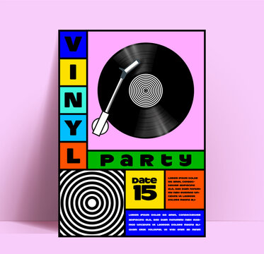 Vinyl disk music party or dj event flyer or poster design template with realistic vinyl disk and typographic composition in bright colored geometric shapes. Vector illustration