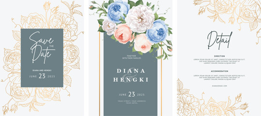elegant wedding invitation card with gold floral frame - obrazy, fototapety, plakaty