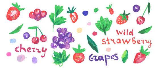 Set of strawberries,cherries,lettering,grapes,leaves,twigs in doodle style oil pastels.Collection of illustrations drawn with wax crayons on white isolated background.Designs for packaging,stickers.