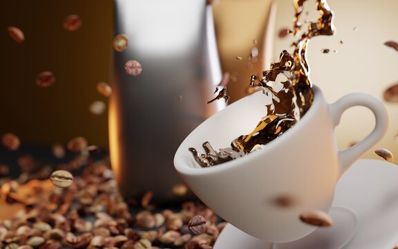 Falling white cup with saucer and stream coffee splashes, drops. Flying beans and empty stand up foil bags on background, mock up banner. Realistic 3d illustration for cafe ad, packaging, menu design