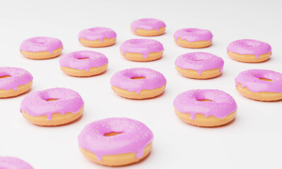 Delicious sweet donuts on top with icing and colorful sprinkles in background. 3D rendering.