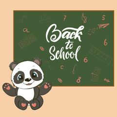 Fototapeta premium Panda back to school cartoon illustration. Cute friendly Panda puppy, wearing glasses, near the blackboard