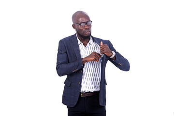 serious businessman taking something from his suit pocket.