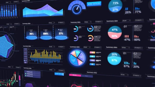 Different UI, UX, GUI mobile screens modern infographic. Charts, graph and graphic UI, UX, KIT elements. Info chart elements for online statistics and data analytics. Finance 4K 3D animation Dark Blue