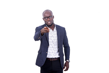 furious adult businessman pointing finger forward.