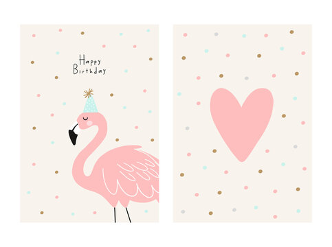 Summer tropical print with pink flamingos. Cute Exotic Flamingo character. Flamingo birthday party