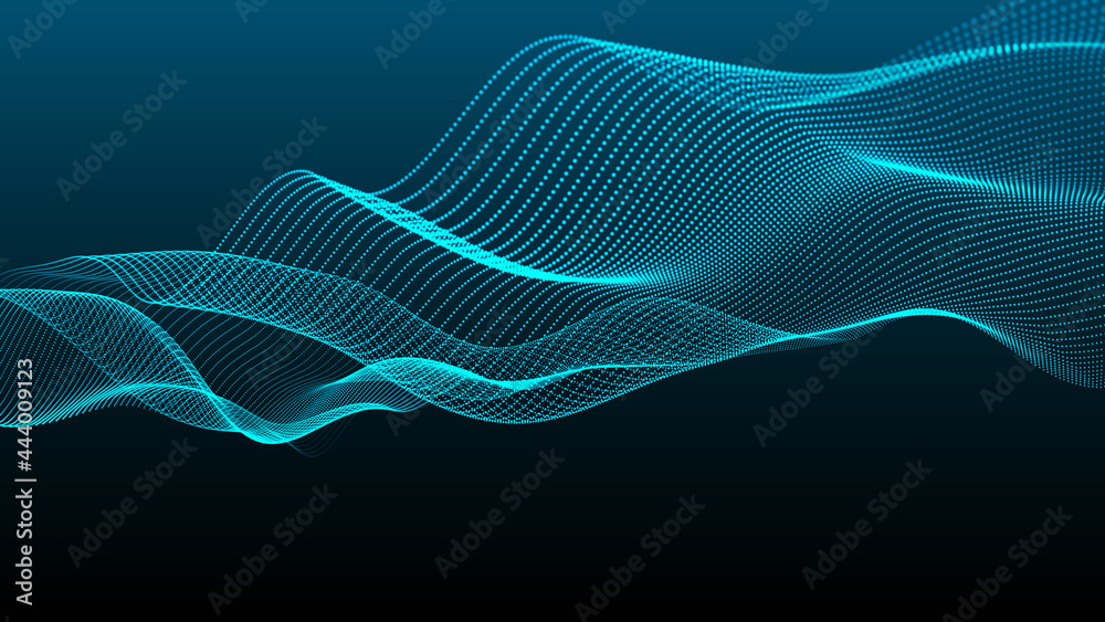 Poster abstract digital background. futuristic wave of dots and weave lines. digital technology. 3d renderi