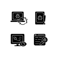 Internet censorship black glyph icons set on white space. Ransomware. Cell phone bugging. Web bug. Demanding payment. Location tracking. Web beacon. Silhouette symbols. Vector isolated illustration
