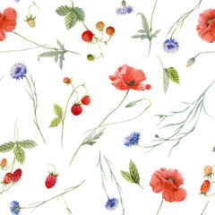 Beautiful seamless floral pattern with hand drawn watercolor gentle wild field flowers cornflower poppy. Stock illuistration.