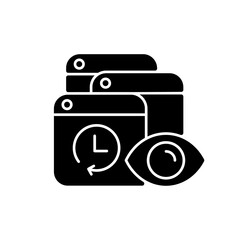 Tracking search history black glyph icon. Private browsing activity trailing. Privacy precautions. Customization search results. Silhouette symbol on white space. Vector isolated illustration