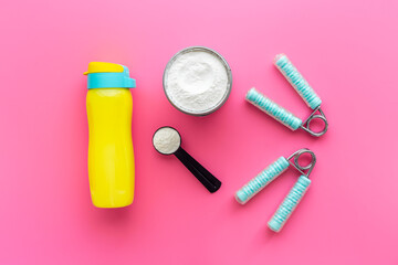 Whey protein powder and shaker with smoothie. Sport nutrition