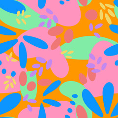 Obraz na płótnie Canvas Abstract bright modern seamless pattern, vector illustration. Various chaotic shapes, colored background. Fashionable casual style.