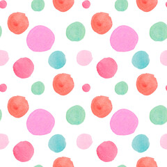 Watercolor seamless polka dot pattern on white isolated background.  Abstract and textural print on white isolated hand drawn background. Designs for textiles, wrapping paper, fabric, packaging.