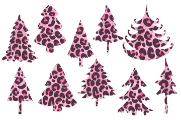 Fur-tree pink leopard silhouettes. Safari Christmas clip art set on white background © Julia