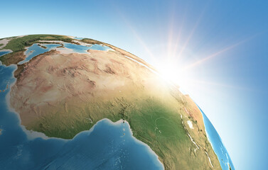 Sun shining over a high detailed view of Planet Earth, focused on Africa. 3D illustration - Elements of this image furnished by NASA