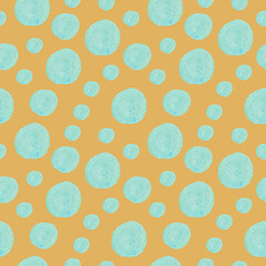 Watercolor seamless polka dot pattern on mustard isolated background.  Abstract and textural print on white isolated hand drawn background. Designs for textiles, wrapping paper, fabric, packaging.