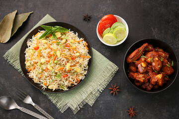 Chinese fried rice and chilly chicken curry Chicken fried rice with vegetables fried eggs basmati...