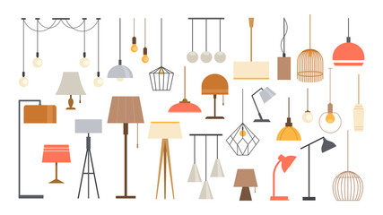 Lamp for room lighting. Vector icon set of colorful pendant chandelier, table and floor lamp, chandeliers, bulbs, illuminator. Elements for modern home interior in flat cartoon style.Furniture icons © MaryDesy