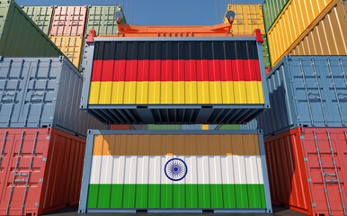 Container Terminal. Two cargo Container with Germany and India national flags. 3D Rendering
