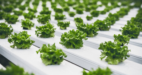 Green lettuce seedlings in greenhouse - obrazy, fototapety, plakaty