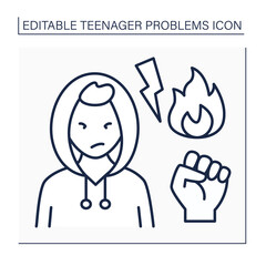 Aggression line icon. Aggressive behaviour to friends, family. Inferiority feelings, anxiety, and over-sensitivity to criticism.Teenager problem concept. Isolated vector illustration. Editable stroke