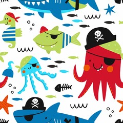 Pirate party - vector print fo kids birthday. Cute animals pirate - seamless pattern. Cartoon character - octopus, shark, jellyfish, starfish, seahorse, fish