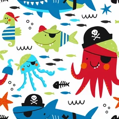 Piratenparty - Vektordruck für Kindergeburtstag. Netter Tierpirat - nahtloses Muster. Zeichentrickfigur - Oktopus, Hai, Qualle, Seestern, Seepferdchen, Fisch © NadezdaBarkova
