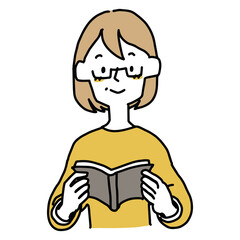 老眼鏡で本が読めるようになった中年女性
