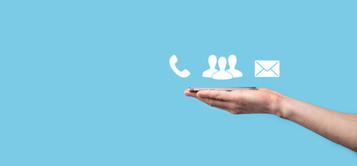 Wooden block cube symbol telephone, email, contact. Website page contact us or e-mail marketing concept